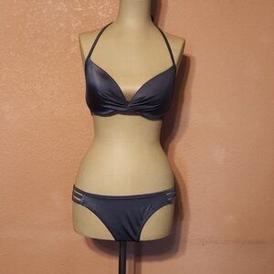 Beautiful shiny gray bikini  large bottoms top is 34B bonus pair of bottoms